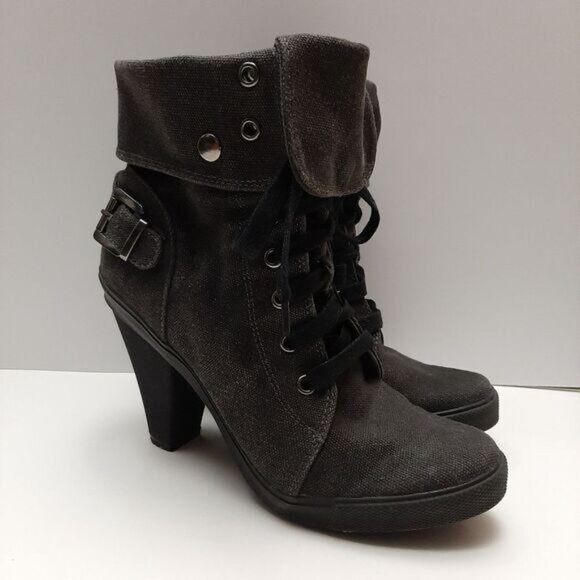 ALDO Canvas Lace-Up High Heel Fold-Over Ankle Boots Sz 8 - 8.5 - Picture 2 of 15